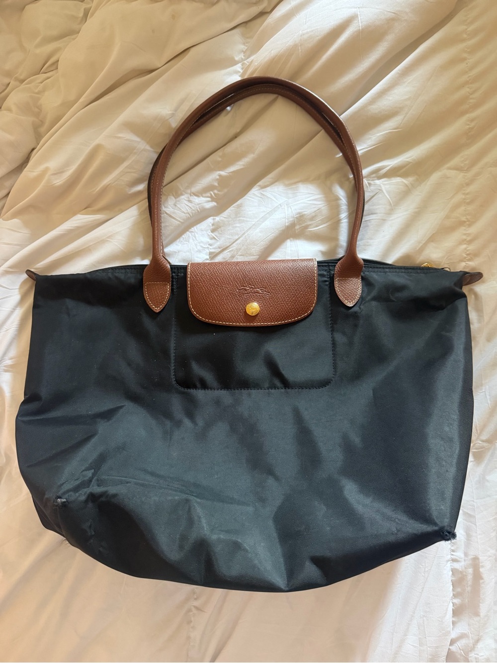 Authentic Longchamp Le Pliage Classic Black & Brown Tote Euro Chic